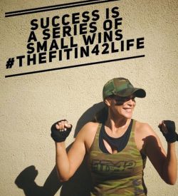 Fit In 42 Fitness Gym - Lean mommy makeover - Female member feeling proud and strong - Quote 'Success is a series of small winds #thefitin42life'.